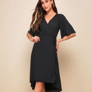 Lulus Farah Black Print Midi Wrap Dres